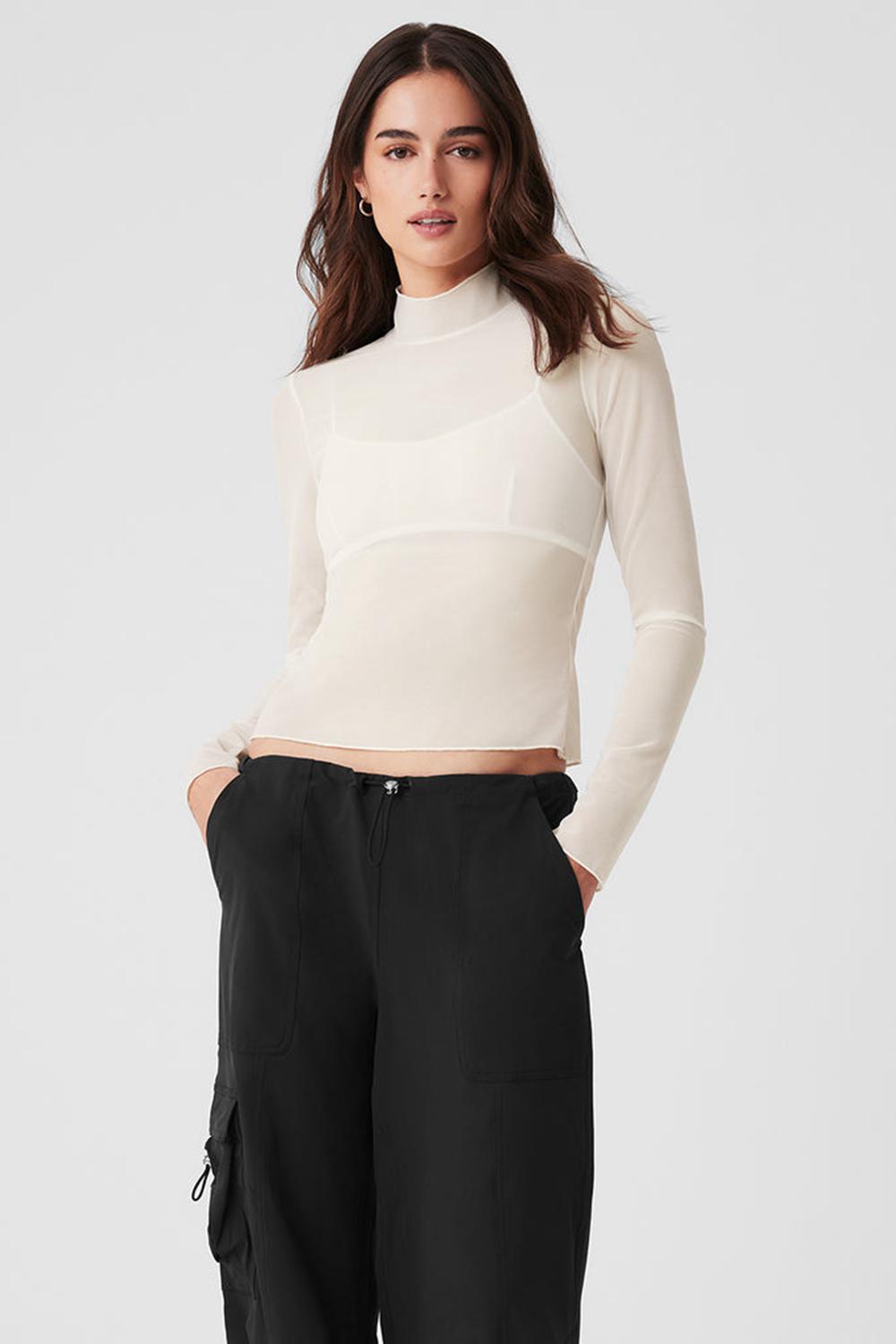 Manga Larga Alo Yoga Mesh Sheer Illusion Mock Neck Mujer Ivory | España  FMNH-07359