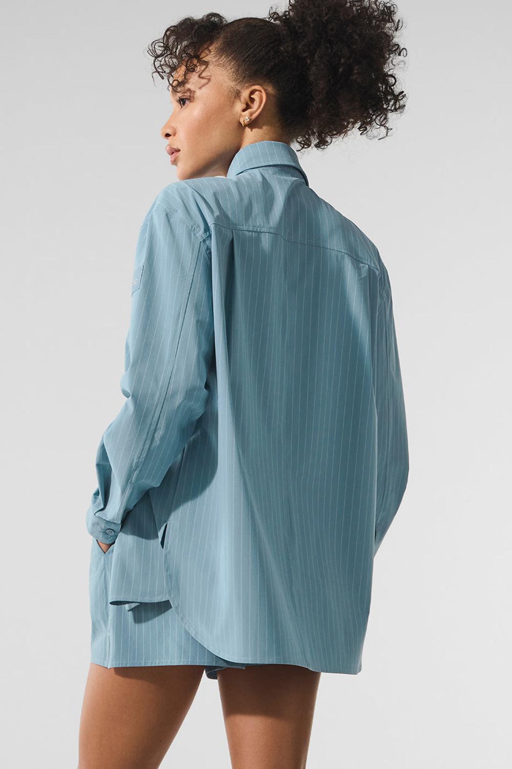 Manga Larga Alo Yoga Pinstripe Daylight Button Down Mujer Verde Menta Azules Blancas | España  FLRS-90482