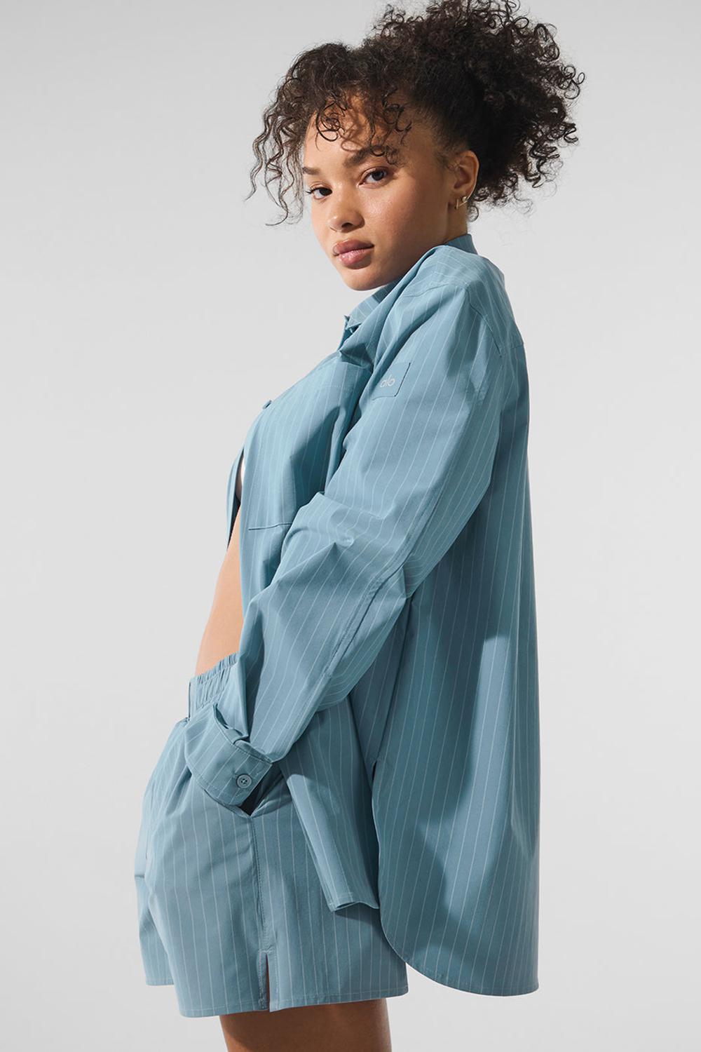 Manga Larga Alo Yoga Pinstripe Daylight Button Down Mujer Verde Menta Azules Blancas | España  FLRS-90482