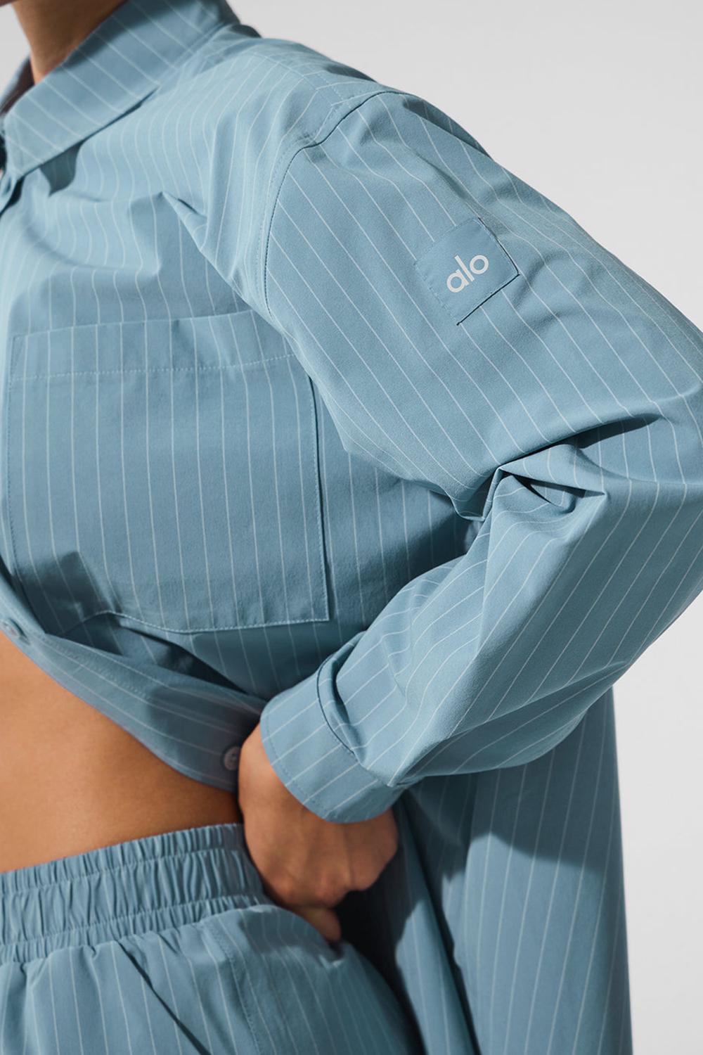 Manga Larga Alo Yoga Pinstripe Daylight Button Down Mujer Verde Menta Azules Blancas | España  FLRS-90482