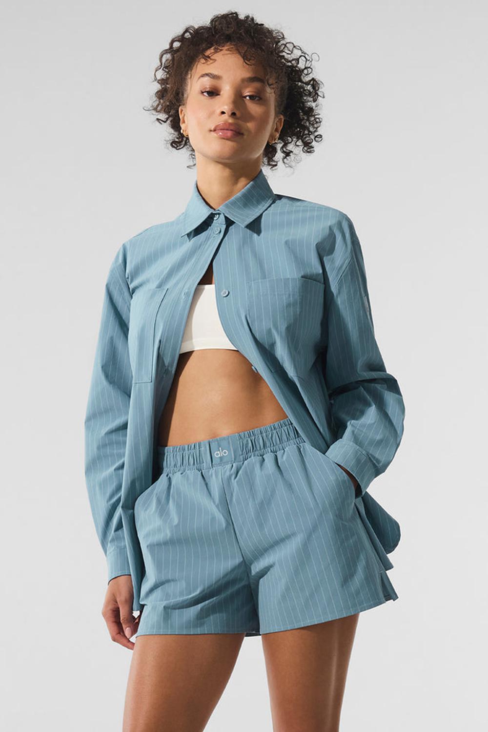 Manga Larga Alo Yoga Pinstripe Daylight Button Down Mujer Verde Menta Azules Blancas | España  FLRS-90482