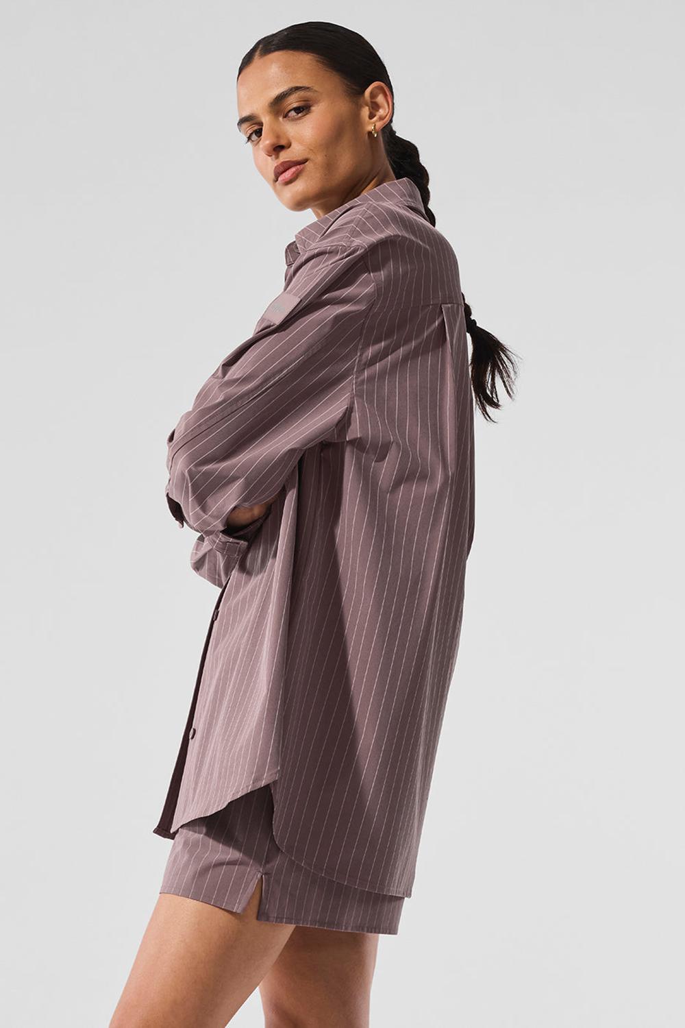 Manga Larga Alo Yoga Pinstripe Daylight Button Down Mujer Mushroom / Ivory | España  TRIZ-75864