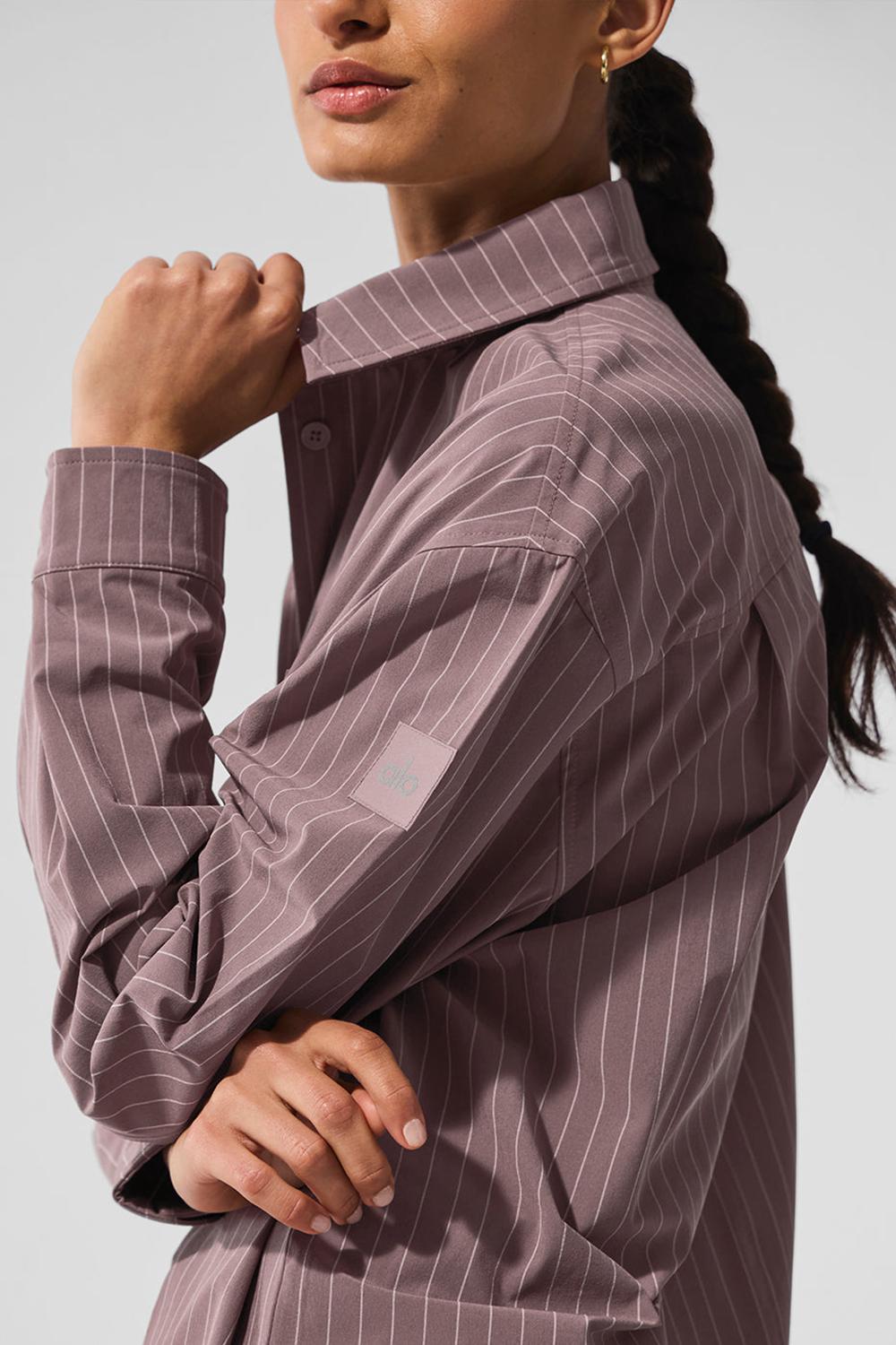 Manga Larga Alo Yoga Pinstripe Daylight Button Down Mujer Mushroom / Ivory | España  TRIZ-75864