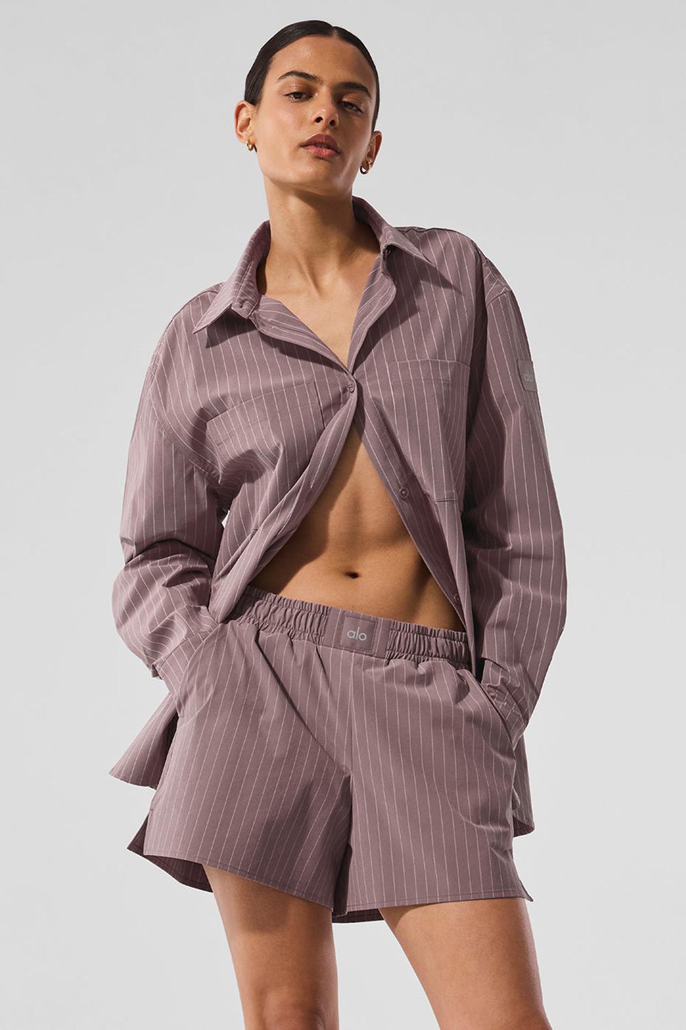 Manga Larga Alo Yoga Pinstripe Daylight Button Down Mujer Mushroom / Ivory | España  TRIZ-75864