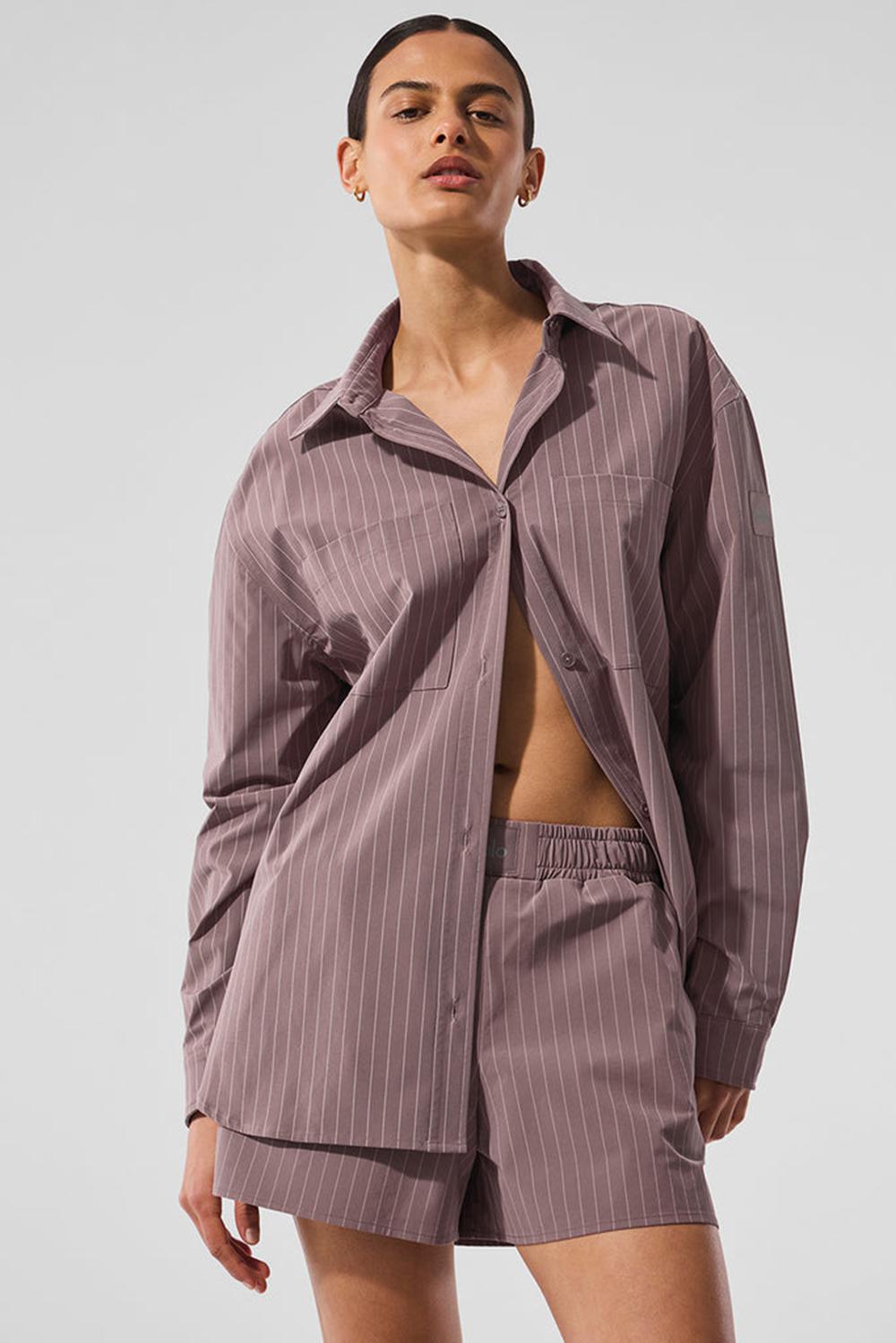 Manga Larga Alo Yoga Pinstripe Daylight Button Down Mujer Mushroom / Ivory | España  TRIZ-75864