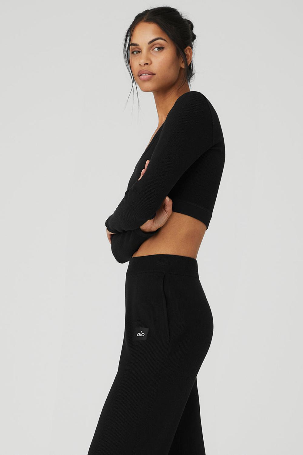 Manga Larga Alo Yoga Seamless Ribbed Cropped Serene Mujer Negras | España  UHMC-18709
