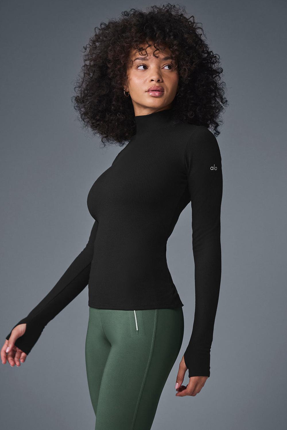 Manga Larga Alo Yoga Wellness Rib Mock Neck Mujer Negras | España  RJAB-38590