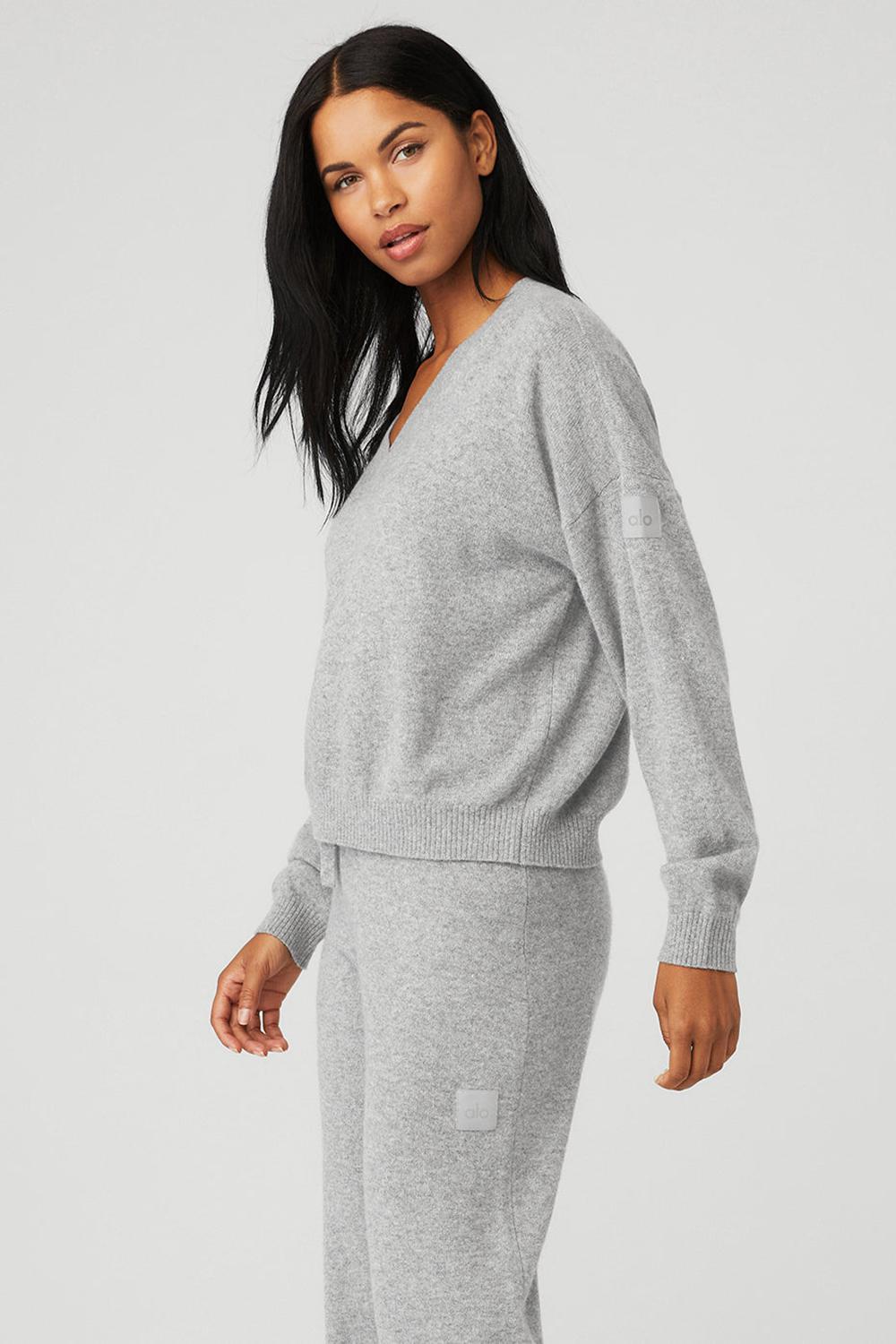 Pullover Alo Yoga Cashmere Jet Set V-Neck Mujer Gris | España  IHJL-59461