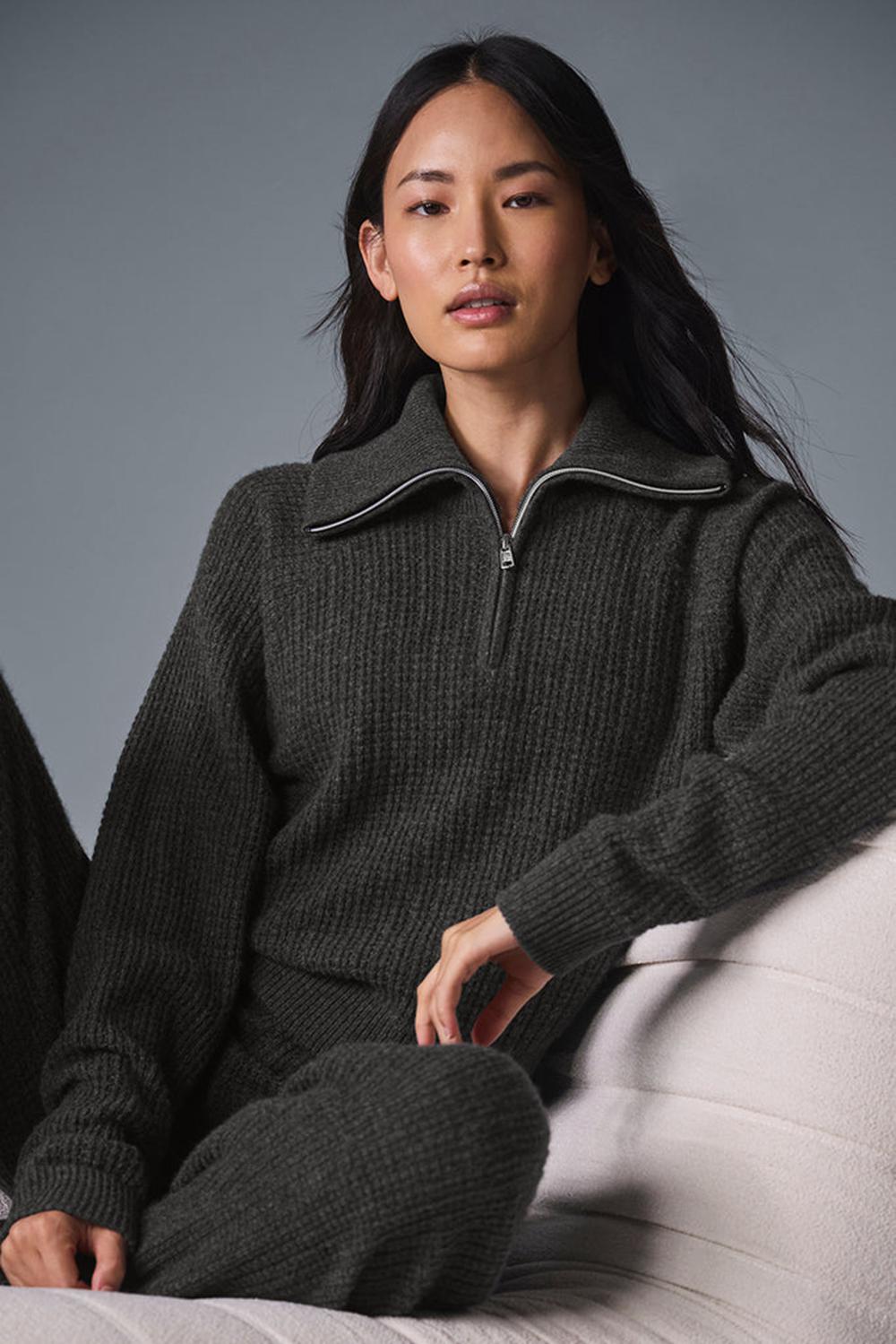 Pullover Alo Yoga Cashmere Plush Waffle 1/4 Zip Mujer Verde Menta Gris | España  OSTZ-05639
