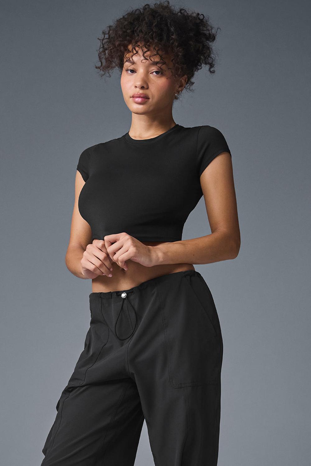 Short Sleeve Alo Yoga Alosoft Crop Finesse Mujer Negras | España  CIUM-16258
