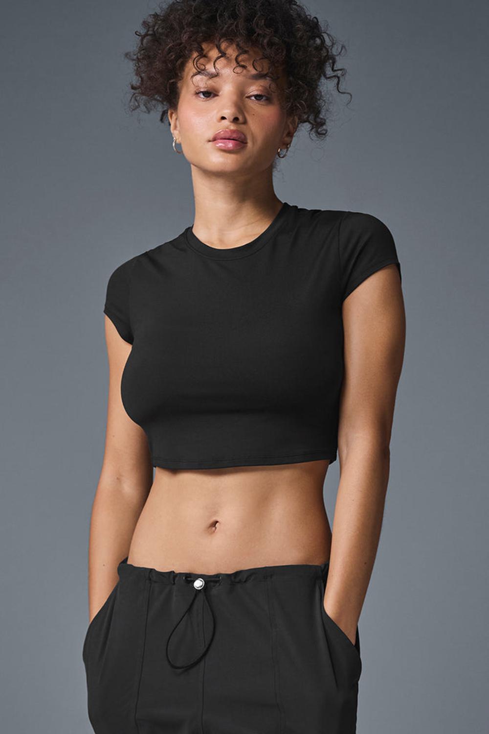 Short Sleeve Alo Yoga Alosoft Crop Finesse Mujer Negras | España  CIUM-16258