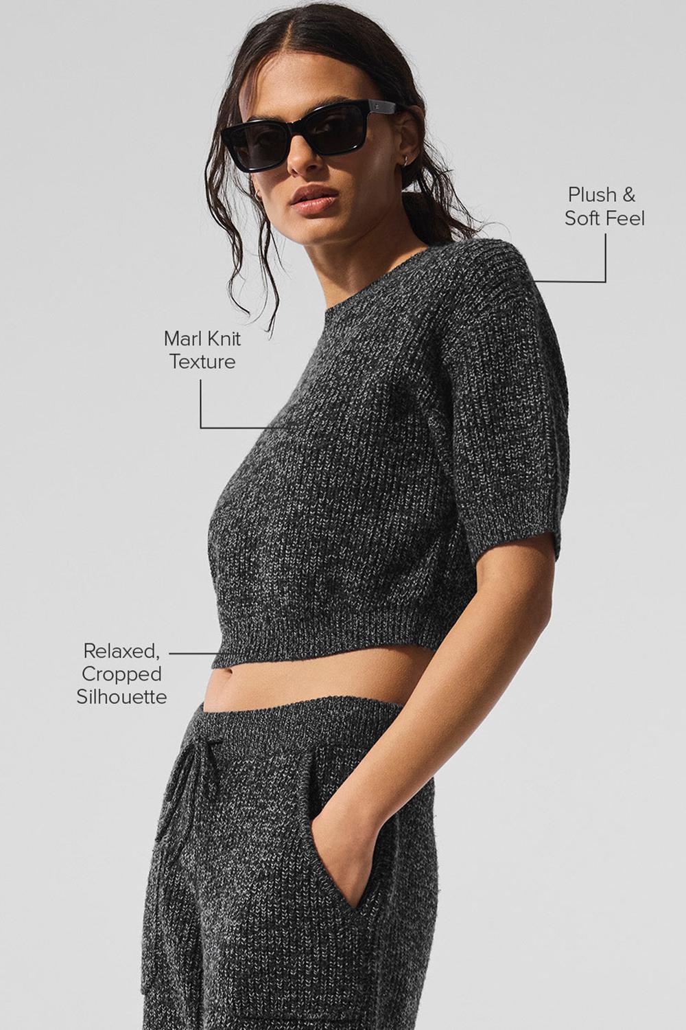 Short Sleeve Alo Yoga Marl Mujer Negras | España  YAGR-31804