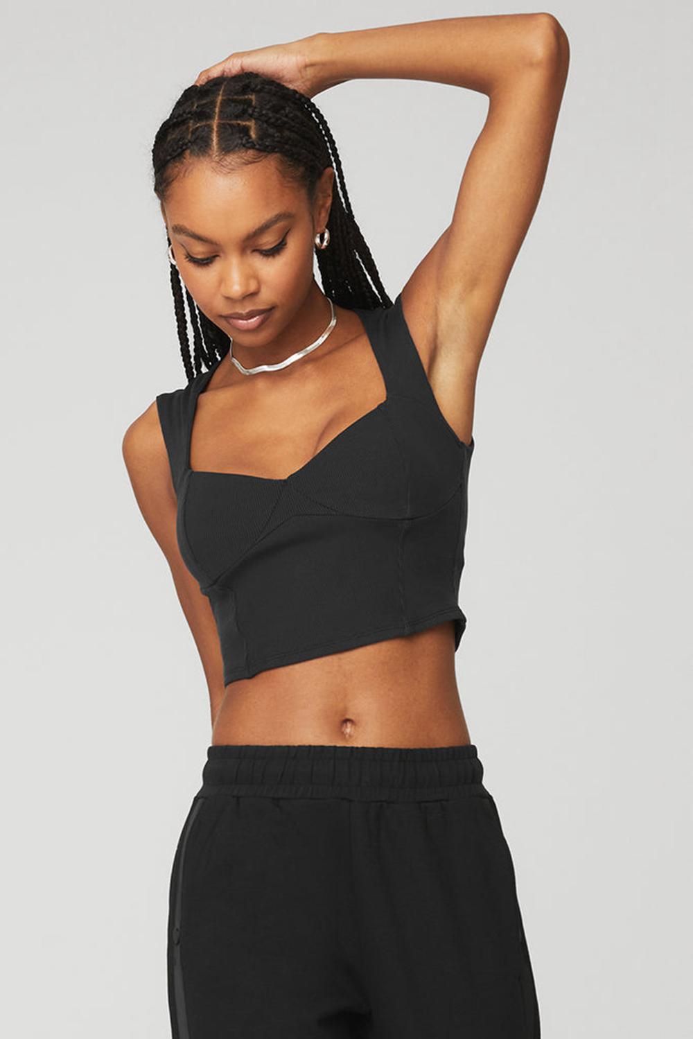 Short Sleeve Alo Yoga Ribbed Sweetheart Mujer Negras | España  FQNC-32749