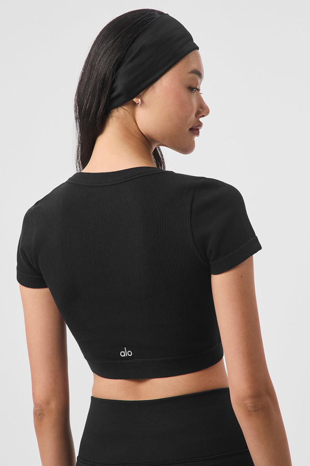 Short Sleeve Alo Yoga Seamless Ribbed Cropped Serene Mujer Negras | España  YQUA-34821