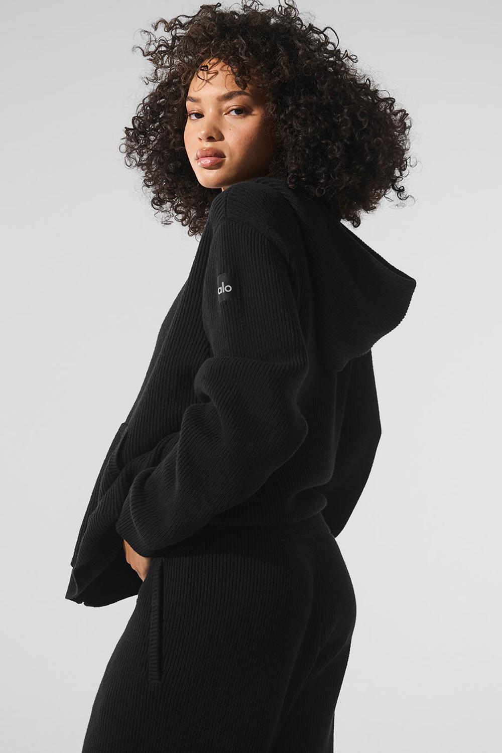 Suéteres Alo Yoga Domain Rib Knit Full Zip Mujer Negras | España  EUOH-39104