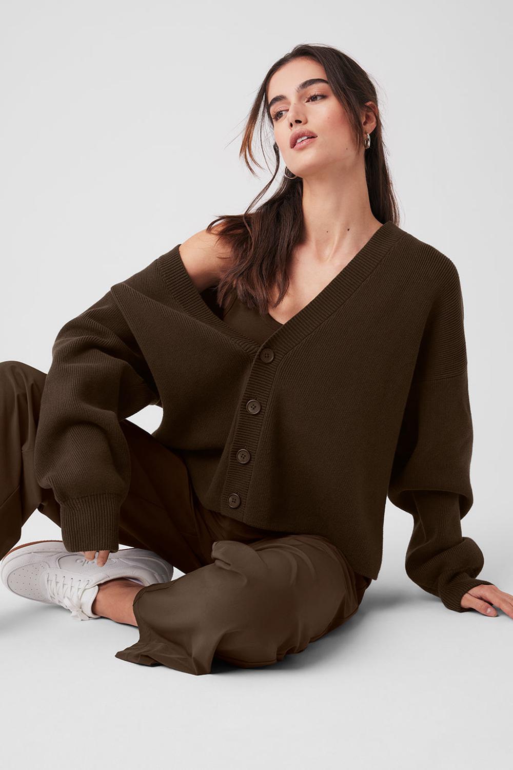 Suéteres Alo Yoga Scholar Cardigan Mujer Espresso | España  HMGK-98705