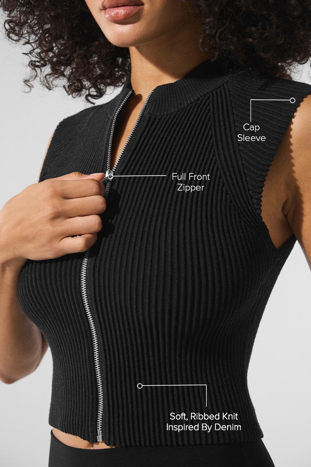 Tops Alo Yoga Denim Knit Sleeveless Full Zip Mujer Negras | España  JBYD-21745