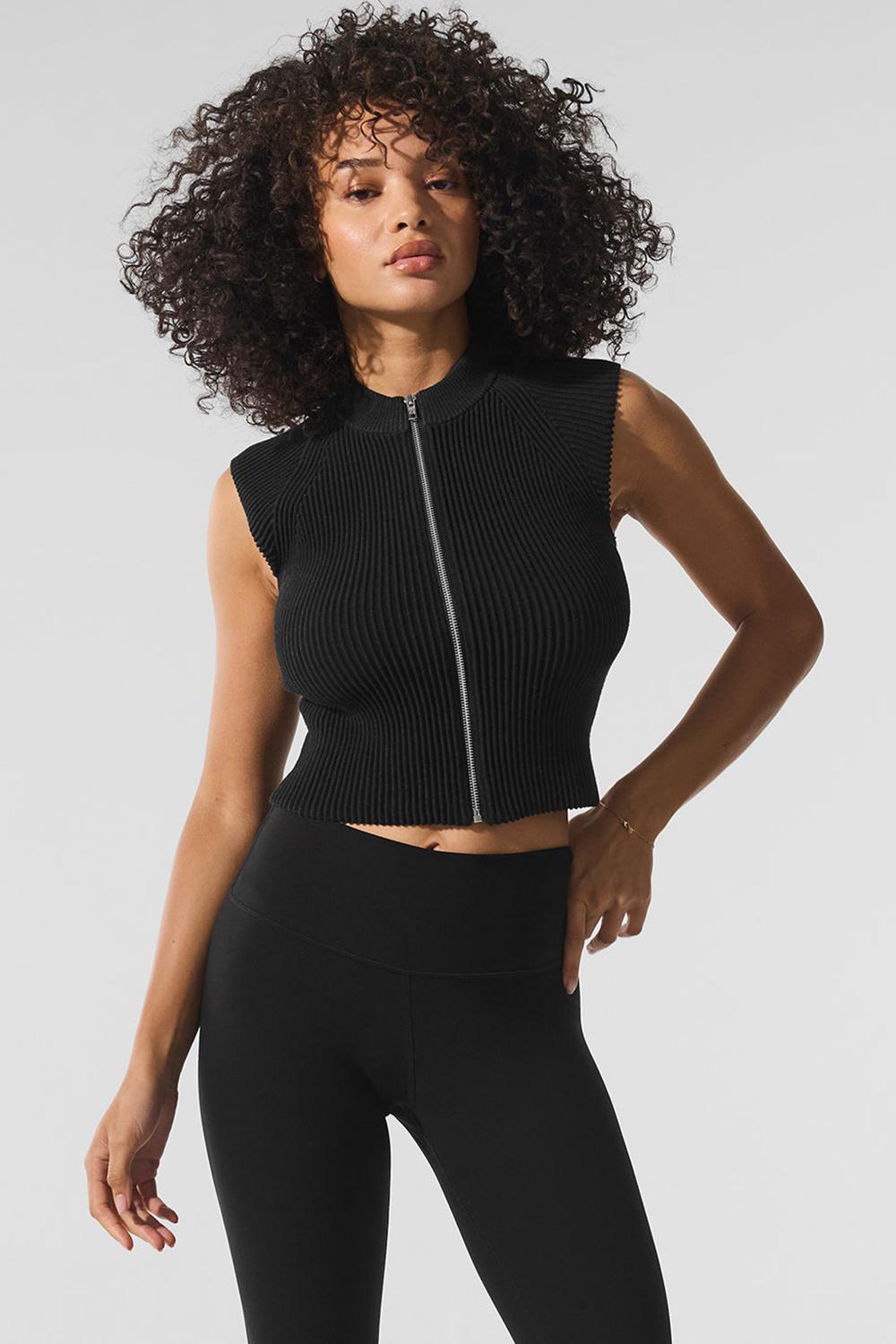 Tops Alo Yoga Denim Knit Sleeveless Full Zip Mujer Negras | España  JBYD-21745