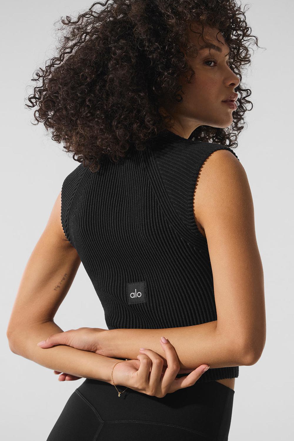 Tops Alo Yoga Denim Knit Sleeveless Full Zip Mujer Negras | España  JBYD-21745