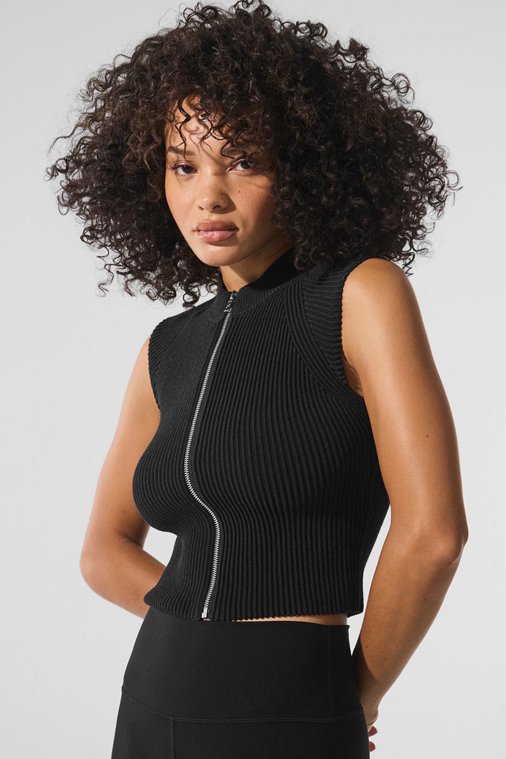 Tops Alo Yoga Denim Knit Sleeveless Full Zip Mujer Negras | España  JBYD-21745