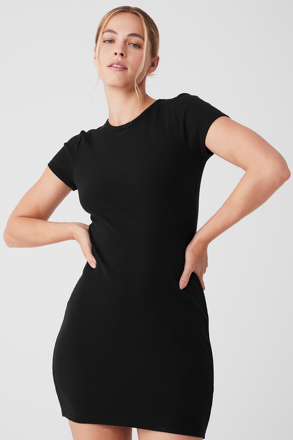 Vestido Alo Yoga Goddess Ribbed Short Sleeve Mujer Negras | España  IBVJ-13078