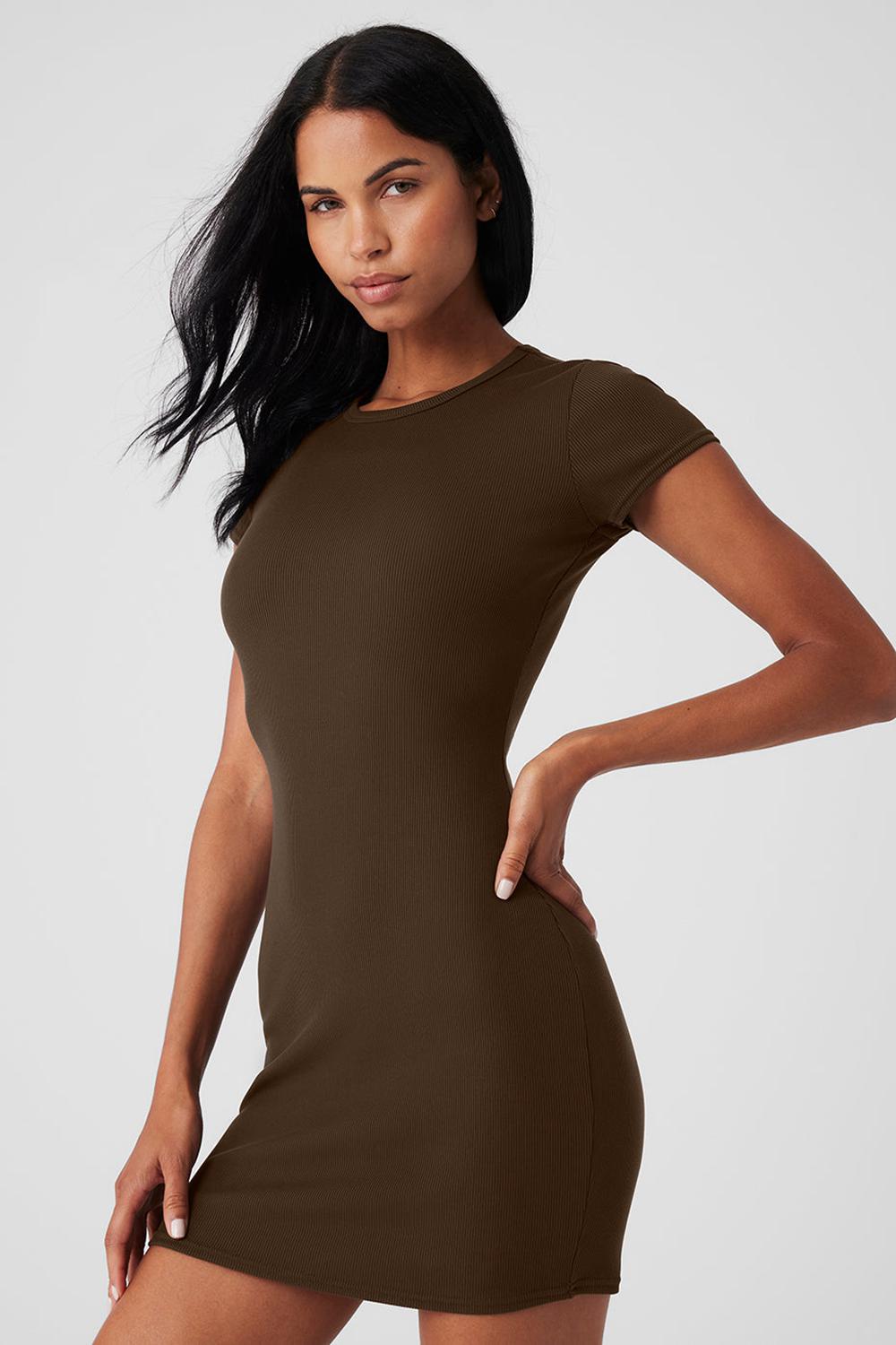 Vestido Alo Yoga Goddess Ribbed Short Sleeve Mujer Espresso | España  RBZK-23468