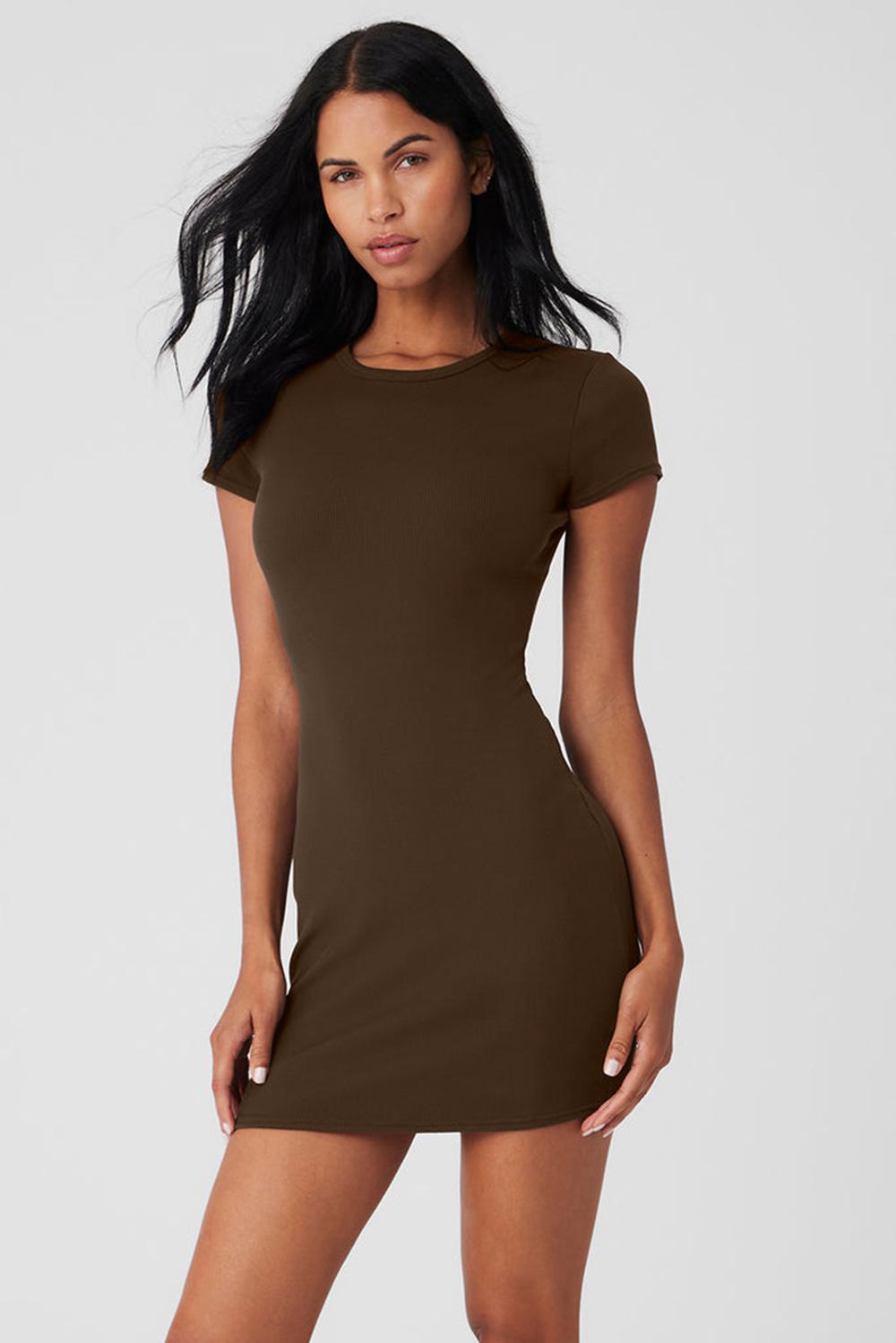 Vestido Alo Yoga Goddess Ribbed Short Sleeve Mujer Espresso | España  RBZK-23468