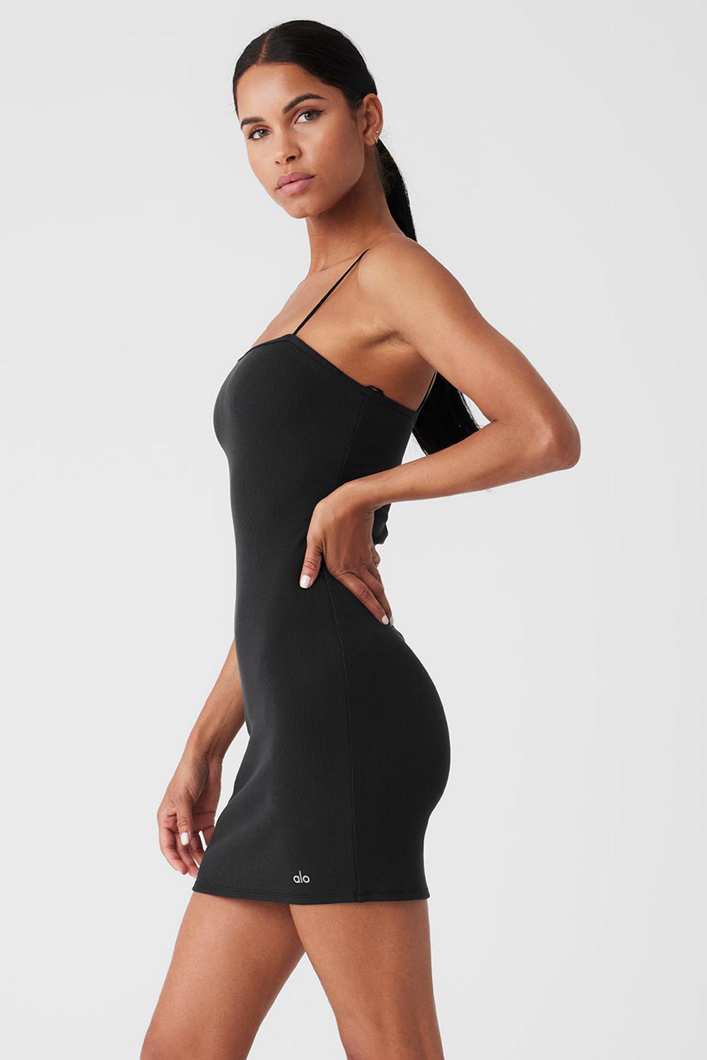 Vestido Alo Yoga Goddess Ribbed Spaghetti Strap Mujer Negras | España  QPNY-50273