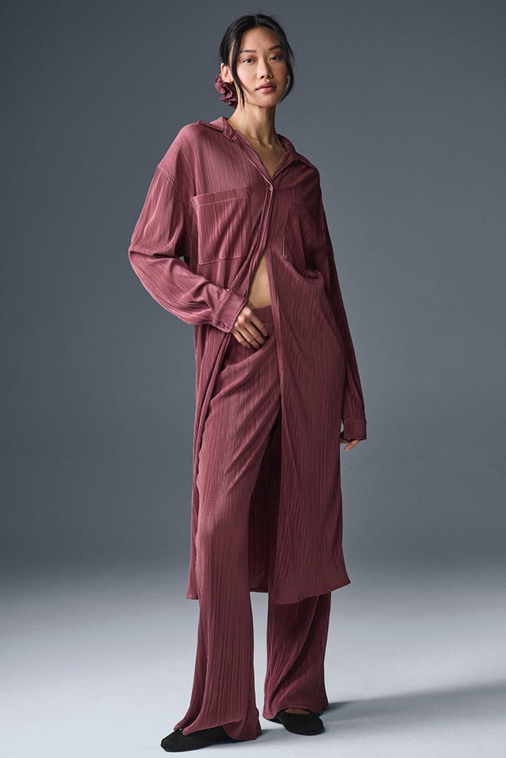 Vestido Alo Yoga Micro Plisse Shirt Mujer Burdeos | España  WONG-31845