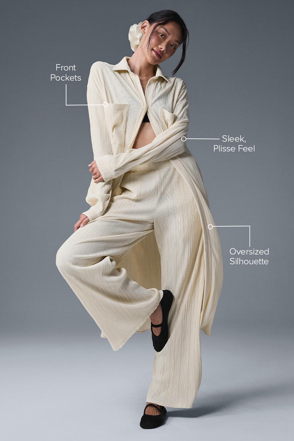 Vestido Alo Yoga Micro Plisse Shirt Mujer Oat Milk | España  NYTF-47135